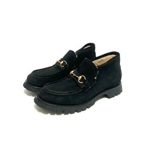 GUCCI | Mens black suede shearling lined Harald Horsebit platform loafers